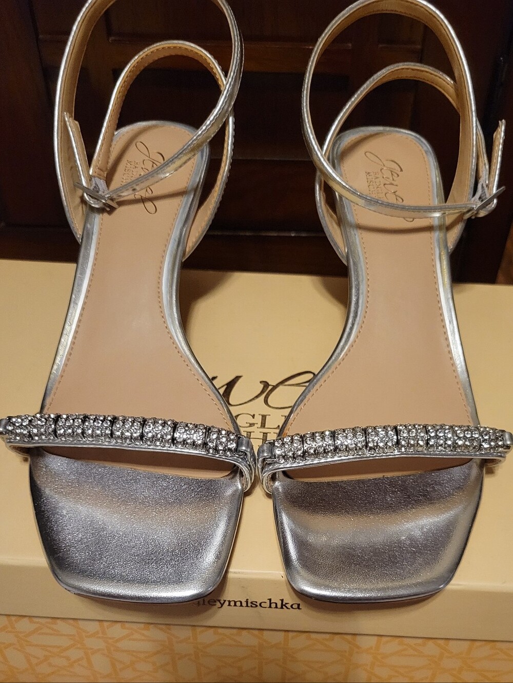 Badgley Mischka Silver Crystal-Strap Evening Sandals